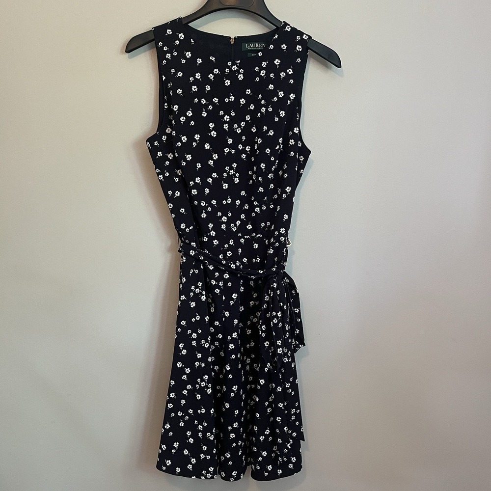 Lauren Ralph Lauren Sz 12 Women's Fit & Flare Dress Tie Belt MIDI Floral Classic
